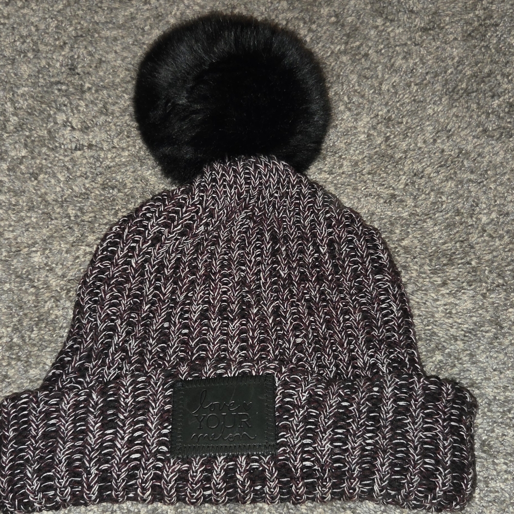 Love Your Melon Black and Gray Knit Beanie with Pom